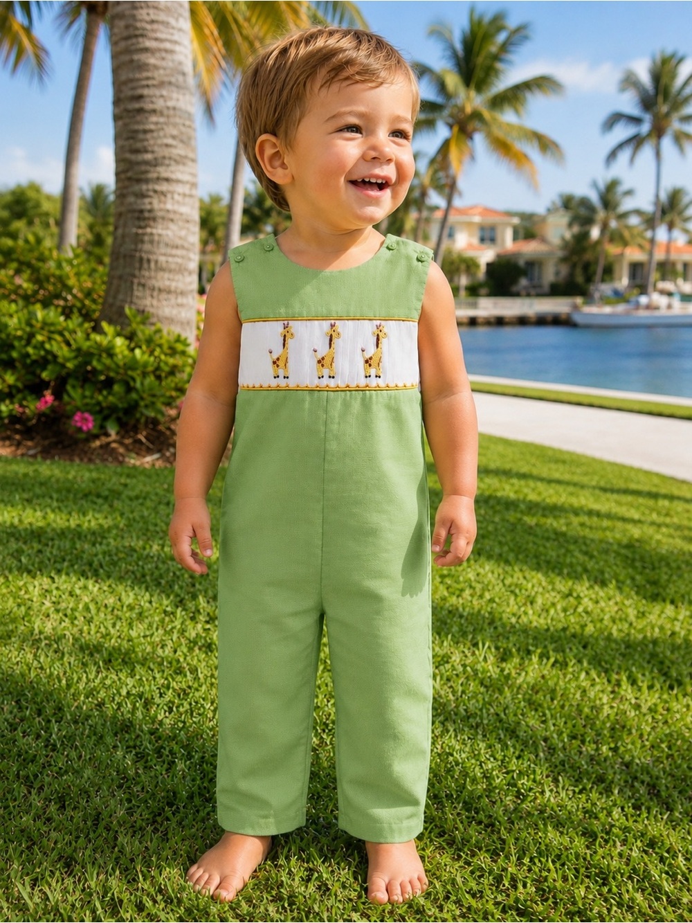 Banana Split Green Gingham Giraffe Smocked Longall Romper Boys 24 Months